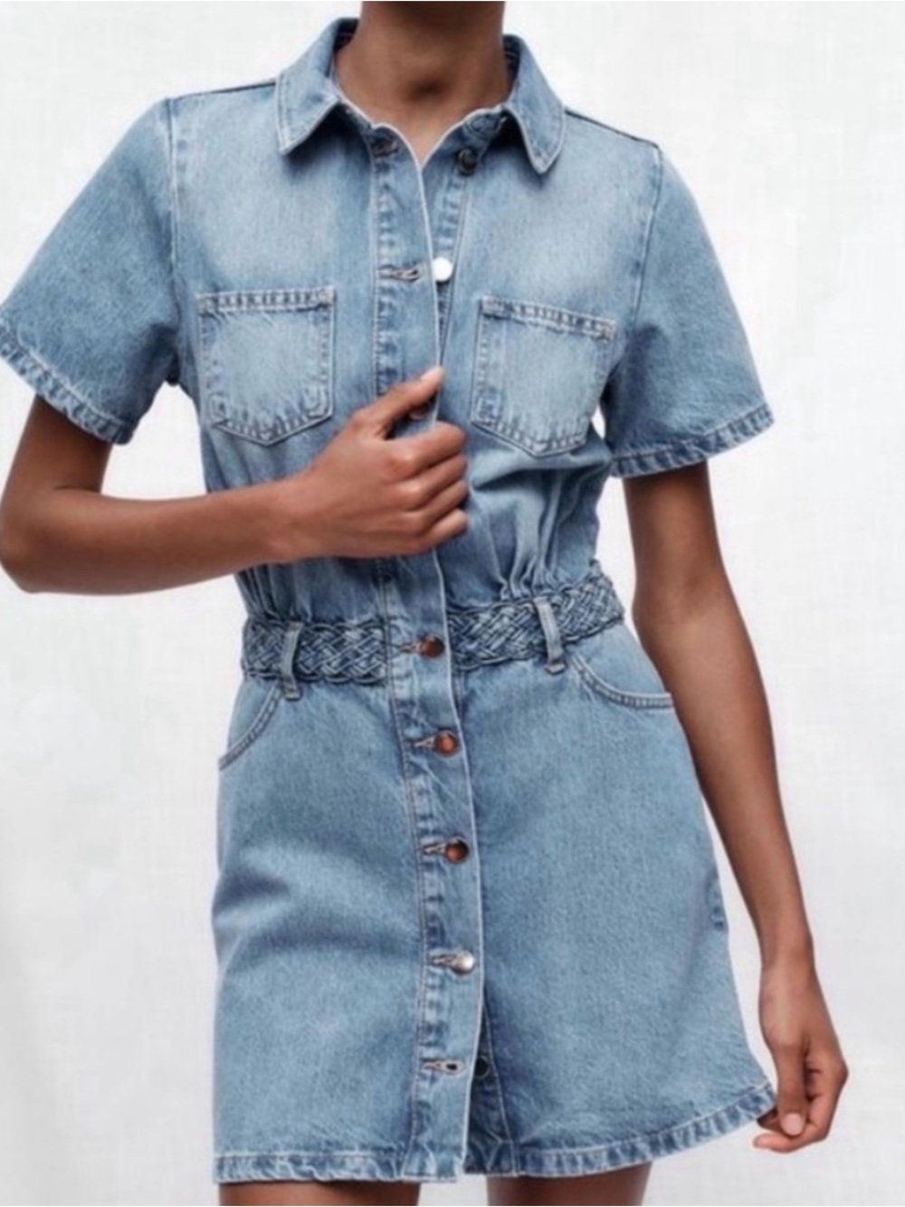 Zara Women’s S Denim Jean Short Midi Button Braided Waist High Collar Dress